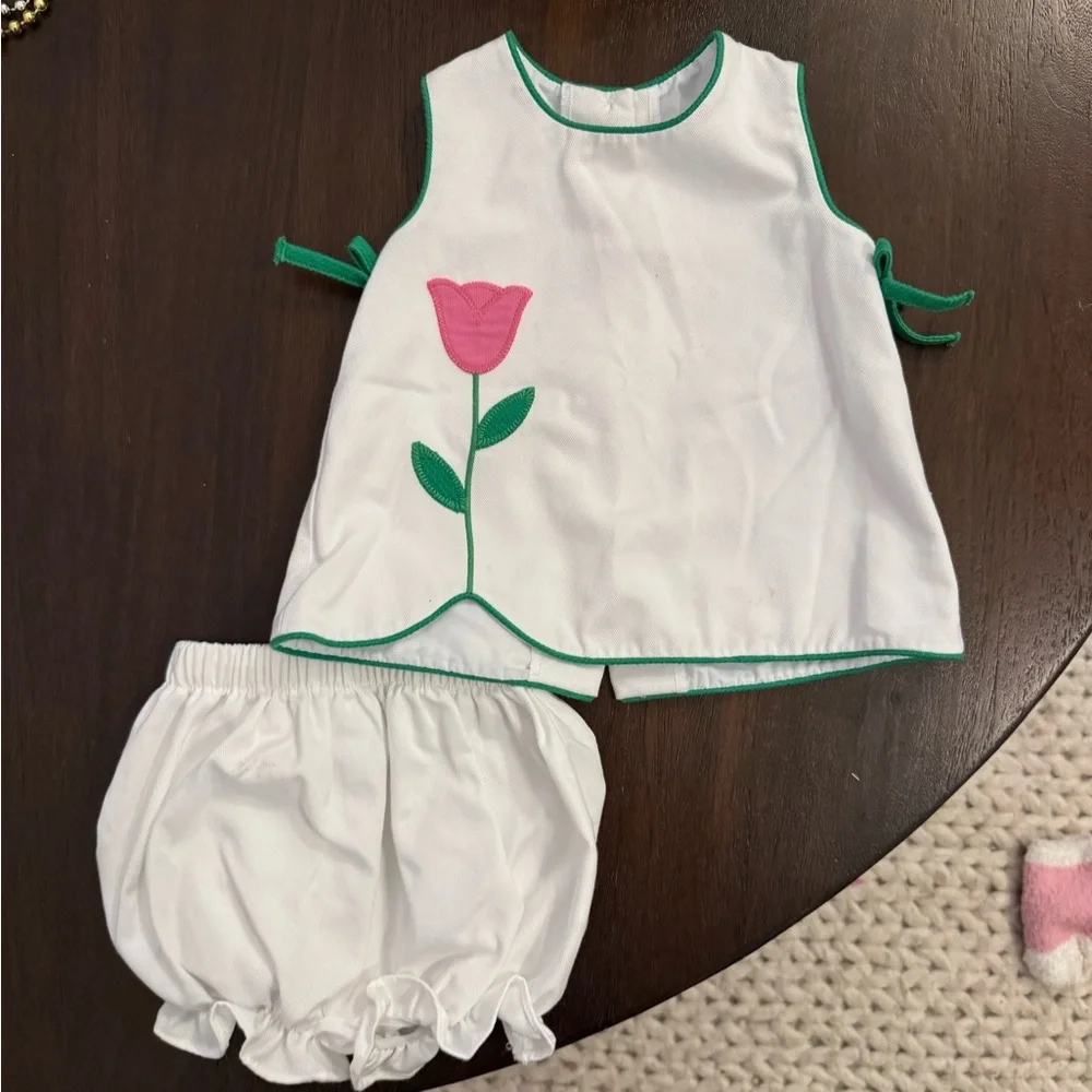 Little English White Two-Piece Set with Pink Tulip and Green Trim